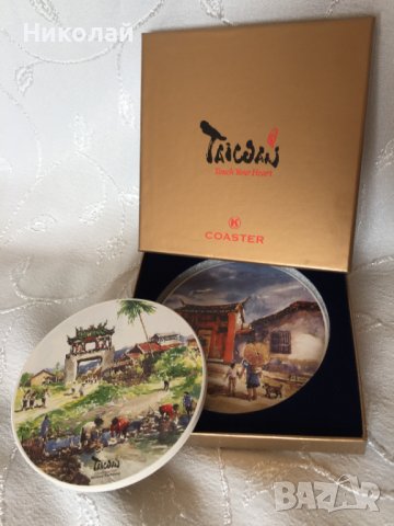 Рисувани керамични подложки за чаши от Тайван, уникат подаръчна кутия,антислип нови, изискан подарък, снимка 2 - Други - 36628012