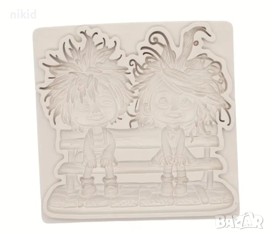 седнали деца дяволчета на пейка силиконов молд форма фондан шоколад декор гипс, снимка 2 - Форми - 51927602