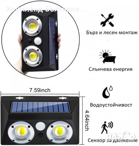 ПРОМО! Мощна соларна лампа за стена с фотоклетка и двойна лупа, снимка 5 - Соларни лампи - 39421659