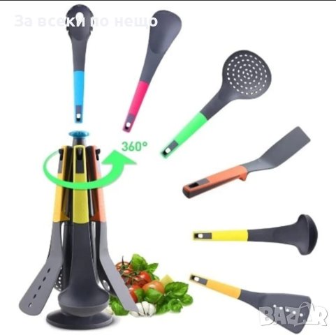 Модерен комплект прибори за готвене Тефлон със въртяща стойка 7 части