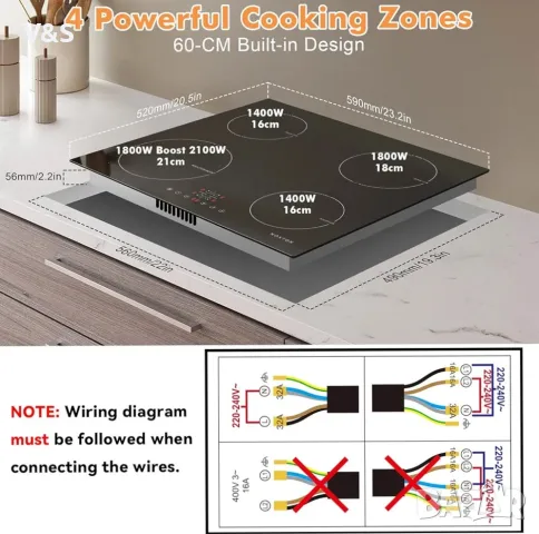 Индукционен котлон NOXTON 60 см за вграждане 6400 W, самодостатъчен индукционен котлон 4 котлона , снимка 3 - Котлони - 49226072