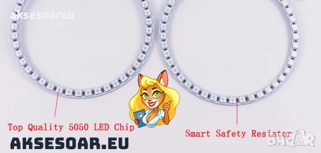 Ангелски очи многоцветни RGB LED Фарове Angel Eyes DRL за кола пръстени 2x131 и 2x146 mm за BMW, снимка 6 - Аксесоари и консумативи - 48039286