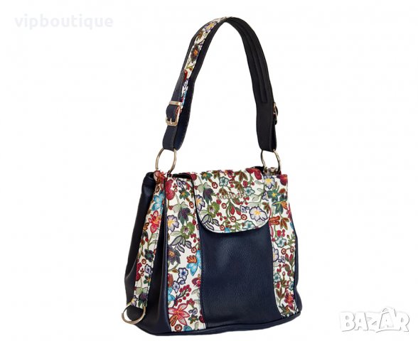 Тъмно синя дамска чанта-Цветя, снимка 1