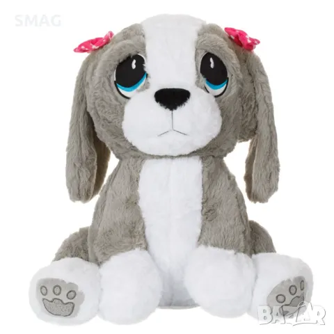 Плюшено куче, седнало, сиво, бяло, розово, панделки на точки, 50 см S_1217383