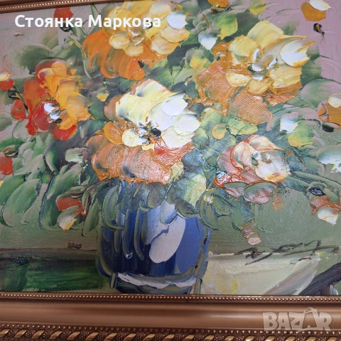 Рисувана картина ваза с цветя върху плат, снимка 2 - Картини - 53483100