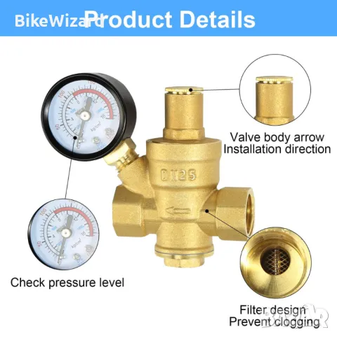 Редуктор за вода 1 инч DN25 с манометър, изработен от месинг с висока твърдост 100 регулируем НОВ, снимка 1