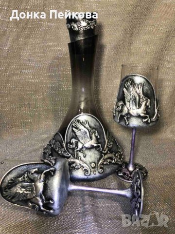 РЪЧНО ИЗРАБОТЕН СЕТ ОТ 3 ЧАСТИ ДЕКАНТЕР И  2 ЧАШИ