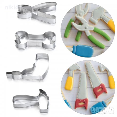 6 бр строителни инструменти  чук клещи трион отвертка дрелка метални форми резци тесто фондан торта, снимка 2 - Форми - 32702931