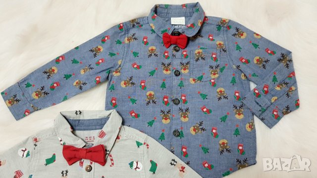 Коледна риза с папионка F&F за бебе 9-12 месеца, снимка 10 - Бебешки блузки - 35010487