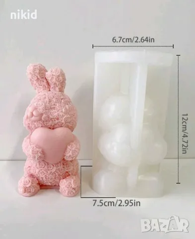 3D Заек зайче от рози и сърце силиконов молд форма фондан шоколад гипс смола свещ декор