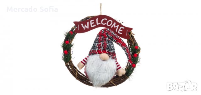 Коледен декоративен дървен венец, Гном, Добре дошли, 33см 