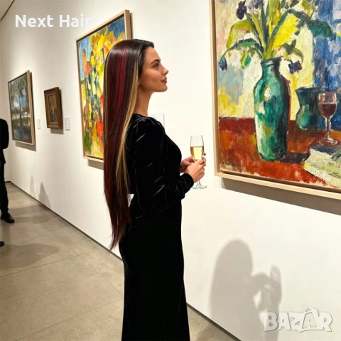 Тъмно червена бордо права синтетична перука 80 см с дантела 13х4 и руси и кафяви акценти, снимка 2 - Аксесоари за коса - 53220969