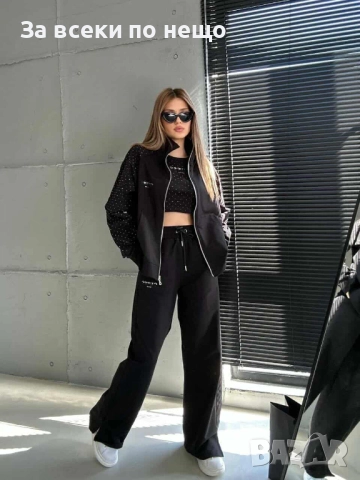 Дамски Черен Спортен Комплект С 3 Части И Кристали🔝Дамски Спортен Екип С Камъни Код I_225