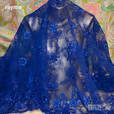 Плат дантела Armani с камъни и перлички цвят турско синьо синьо, снимка 6 - Рокли - 27660545