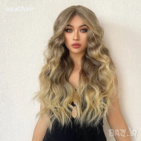 Чуплива перука 70 см с омбре ефект - кафяво с руси краища и дълъг бретон, снимка 5 - Аксесоари за коса - 52493637