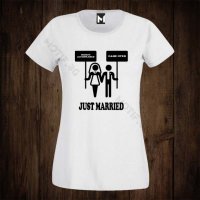 Дамска тениска с щампа ЗА МОМИНСКО ПАРТИ Just Married , снимка 1 - Тениски - 26612715