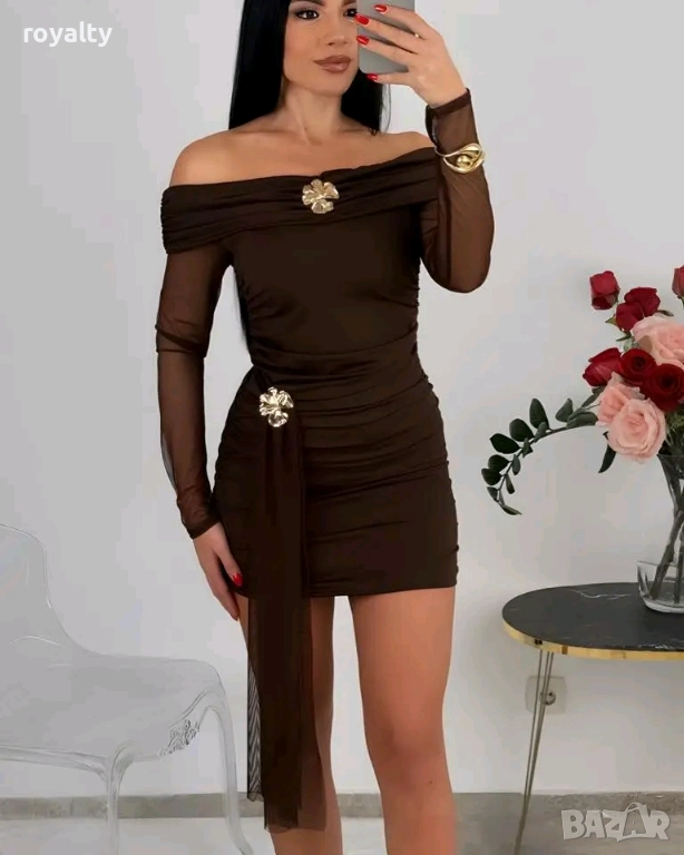 Къса Кафява Дамска Рокля с Тюл , снимка 1