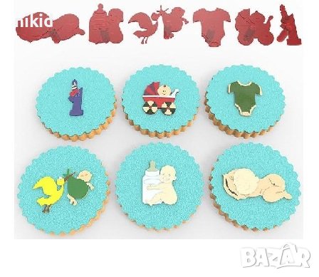 6 бр печата печати бебе бебешки боди шише количка за сладки фондан бисквитки украса декор, снимка 1