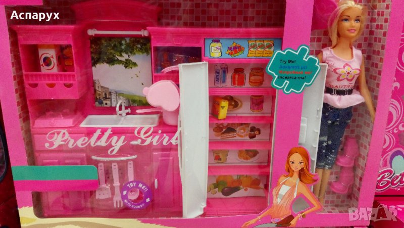 Детски кукла манекен с кухня, хладилник със звук, готварски принадлежности и хранителни продукти, снимка 1