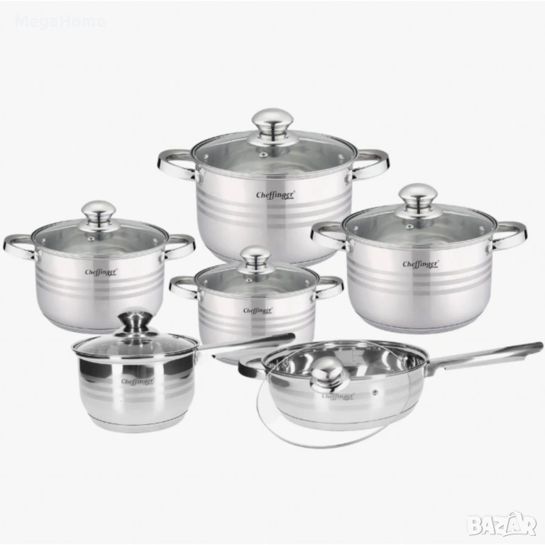 Комплект съдове за готвене Cheffinger, 12 части, Неръждаема стомана, за всички видове котлони, снимка 1