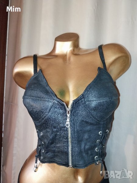 М Черно бюстие от естествена кожа с цип отпред , снимка 1