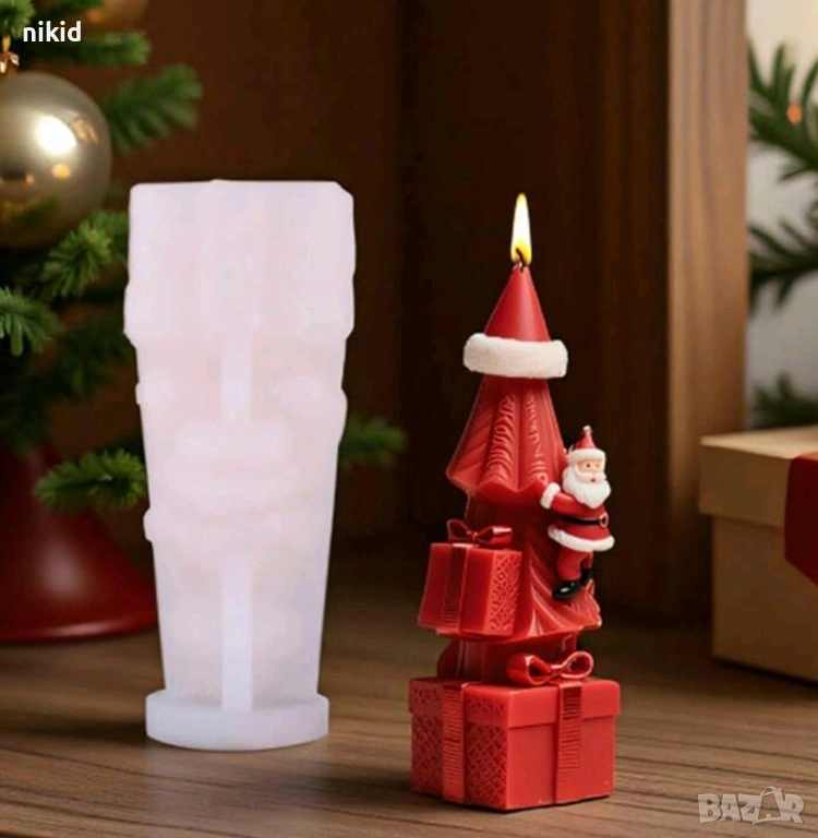 3D Елха  с шапка подарък и Дядо Коледа силиконов молд форма фондан шоколад гипс свещ декор смола, снимка 1