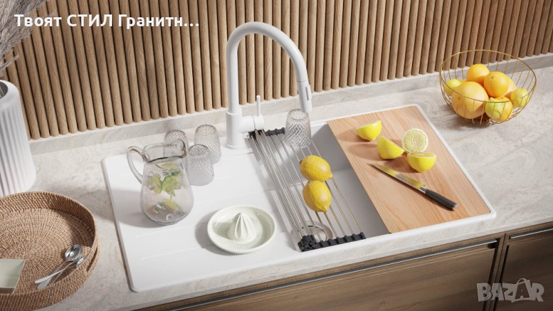 Бяла кухненска мивка от гранит Копенхаген 60 Top 900х500, снимка 1