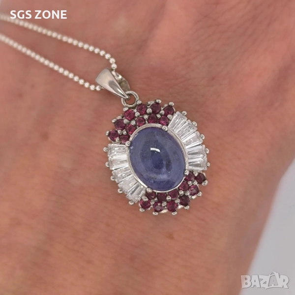 СРЕБЪРНА ВИСУЛКА С НАТУРАЛЕН ТАНЗАНИТ И РУБИНИ ОТ ТАЙЛАНД, снимка 1