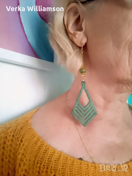  Зелени обици от дърво модел 8, снимка 1