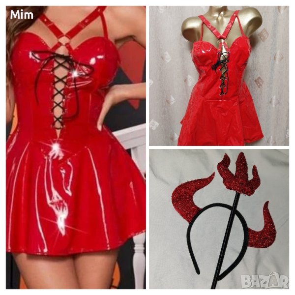 L Червена рокля от лак/ винил/ с диадема и жезъл подарък червени чорапи с дантела , снимка 1