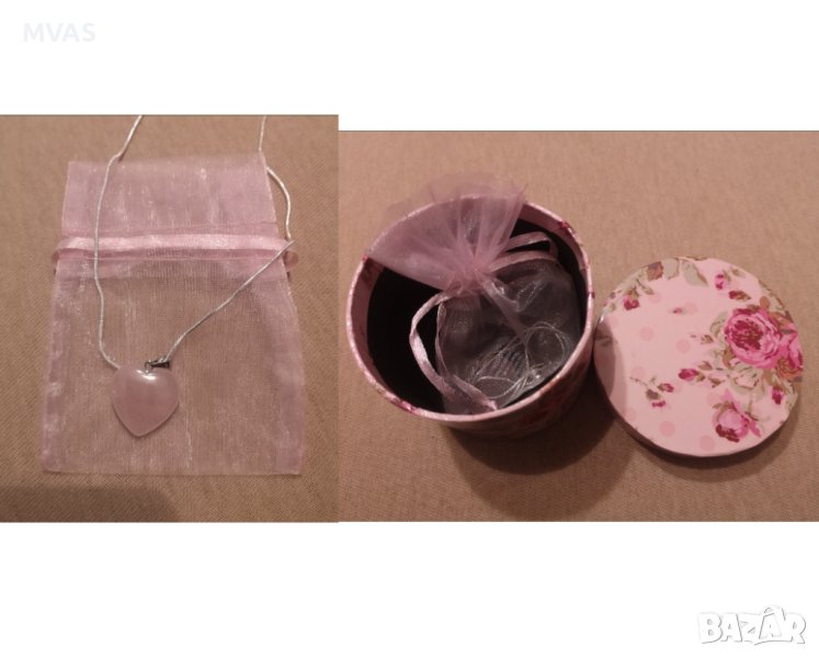 Колие Сърце розов кварц и посребрена верижка с торбичка и кутийка Подарък за жена за 8 март, снимка 1