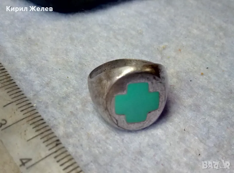 СТИЛЕН СРЕБЪРЕН ПРЪСТЕН СРЕБРО 925 с КРЪСТООБРАЗЕН ЗЕЛЕН ЕМАЙЛ РЪЧНА АРТ РАБОТА 49997, снимка 1