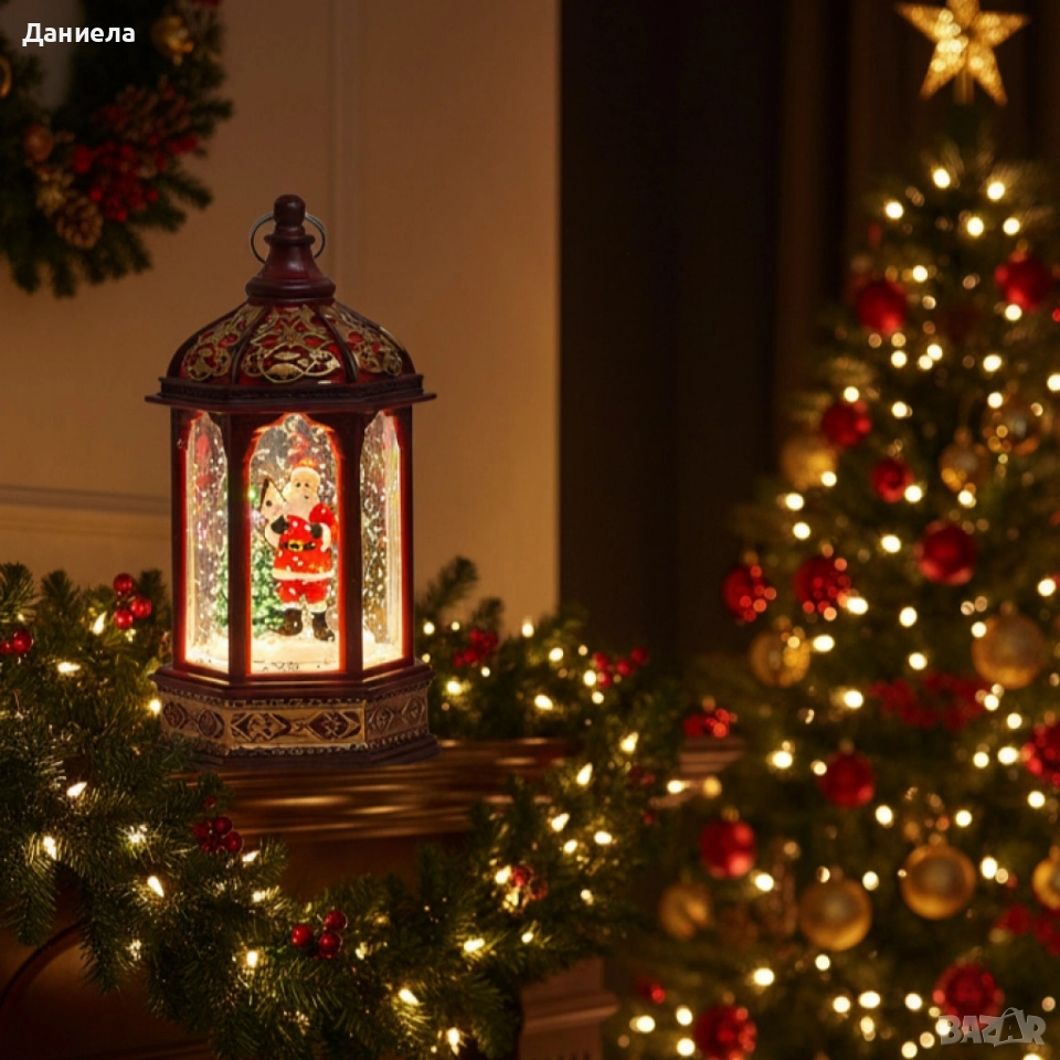 Коледен светещ фенер с въртящ се снежен ефект – уют и коледна магия, снимка 1