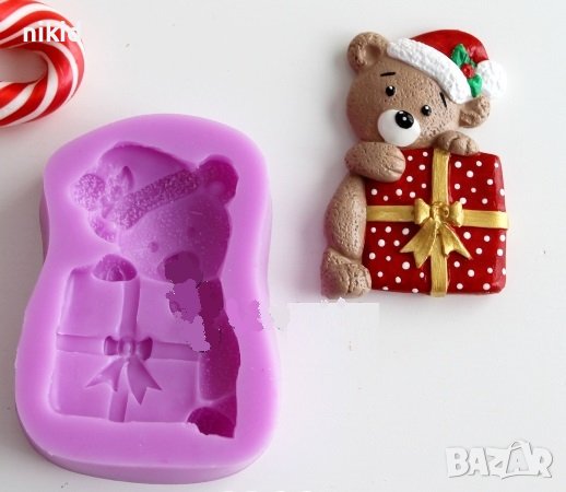Мече с коледен подарък силиконов молд форма фондан гипс украса декор, снимка 1