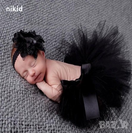 черна туту пола пачка поличка и лента с пандела за глава за бебе фотосесия фото декор, снимка 1