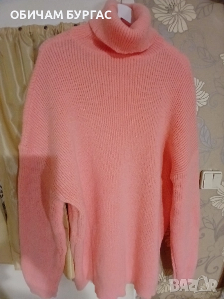 НОВ ДЪЛЪГ ПУЛОВЕР С ПОЛО ЯКА ОТ МЕКО ПЛЕТИВО В ЦВЯТ ПРАСКОВА, снимка 1