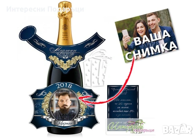 Етикет за шампанско със снимка - Класическо синьо
