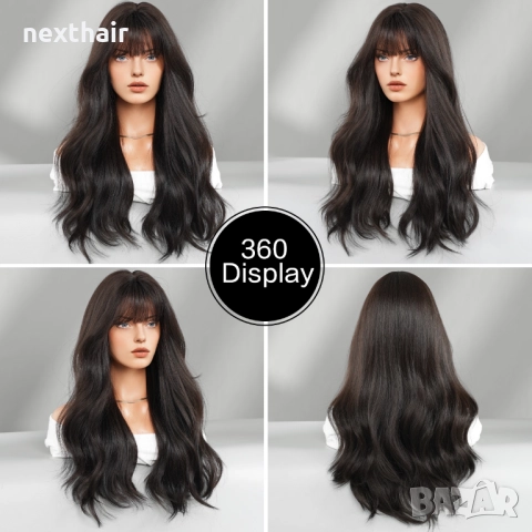 Тъмно кафява чуплива перука с бретон и зигзаг път, снимка 6 - Аксесоари за коса - 52379267