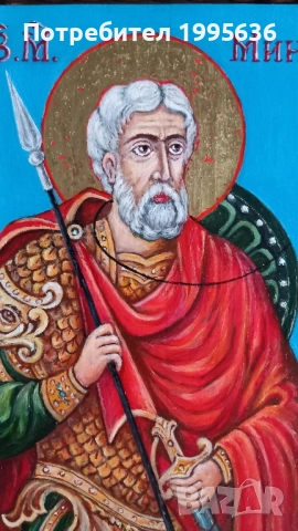 Дърворезбована рамка с икона " Св. Мина "- иконопис. , снимка 3 - Икони - 51749271