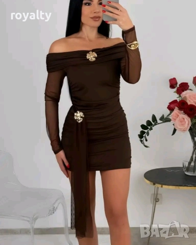 Къса Кафява Дамска Рокля с Тюл 