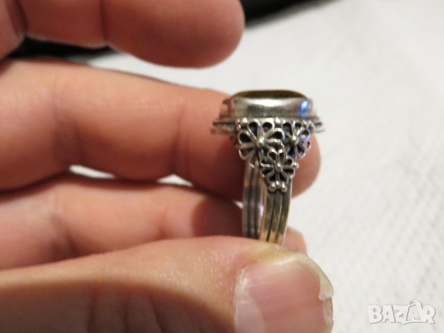 Стар пръстен  с флорални елементи - филигран и голям камък тигрово око - красота за ценител, снимка 2 - Пръстени - 33099097