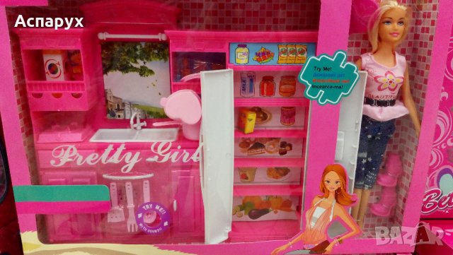 Детски кукла манекен с кухня, хладилник със звук, готварски принадлежности и хранителни продукти, снимка 1