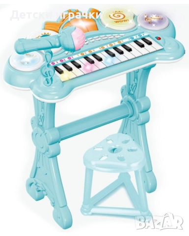 Детско пиано със столче, с микрофон, с барабани, синьо, снимка 2 - Музикални играчки - 52815870