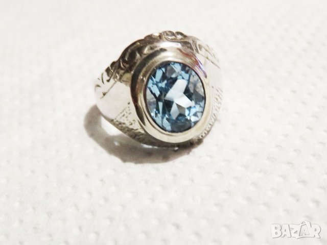 Стар  мъжки сребърен пръстен с голям камък - аквамарин - стар внос от Щатите ., снимка 4 - Пръстени - 32351178