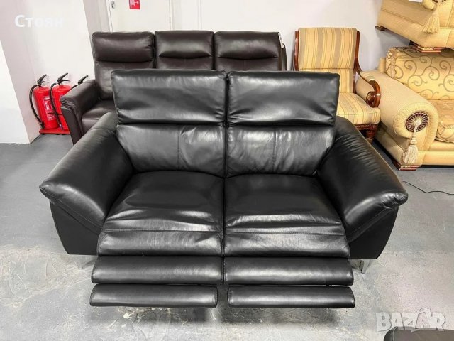 Черен кожен диван двойка с електрически релаксиращ механизъм, снимка 2 - Дивани и мека мебел - 39973439