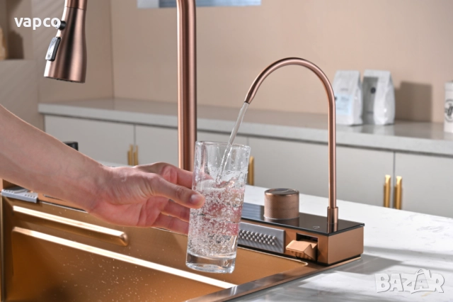 Розово злато - Мултифункционална кухненска мивка с двоен водопад, снимка 4 - Мивки - 52128836