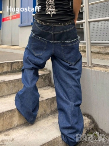 Нови baggy Casual Loose Fit Jeans дънки панталони карго двойни черно сини дизайн размер 34, снимка 8 - Дънки - 52513383
