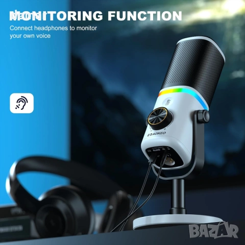 Микрофон Aokeo USB/XLR динамичен настолен микрофон с RGB светлина, бял, снимка 6 - Микрофони - 53427741