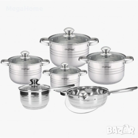 Комплект съдове за готвене Cheffinger, 12 части, Неръждаема стомана, за всички видове котлони