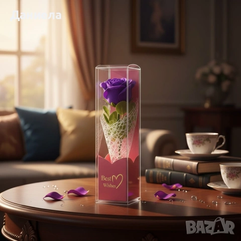 Декоративна единична роза в подаръчна кутия „Best Wishes“, снимка 5 - Изкуствени цветя - 53047798